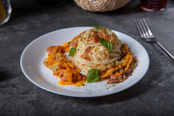 pasta with orange sauce and mint