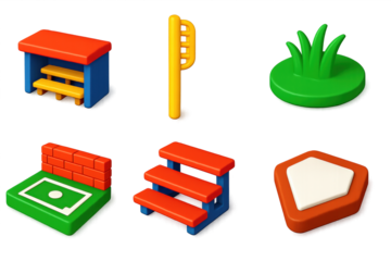 Baseball Field Icon Set. 3D icon set of baseball field elements: dugout, foul pole, outfield grass, bullpen, bleachers, home plate