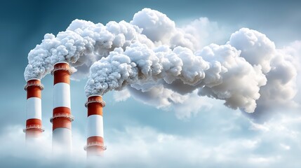 Industrial smokestacks releasing thick white smoke symbolizing air pollution, global warming, and environmental impact of modern energy production, Generative AI