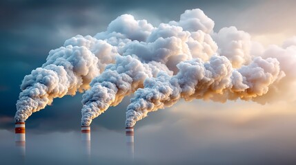 Industrial smokestacks releasing thick white smoke symbolizing air pollution, global warming, and environmental impact of modern energy production, Generative AI