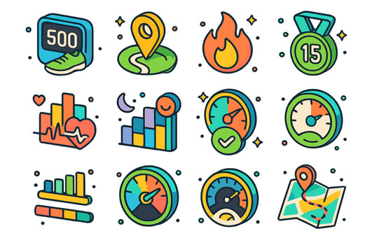 Activity Tracking Icons. Activity tracking metrics. Colorful isometric vector icons set of Activity tracking metrics: steps counter, distance tracker, calories