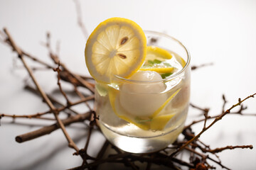 glass of lemonade and twig