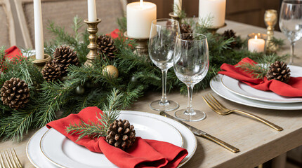 Elegant Christmas Dinner Table Setting with Gold Cutlery and Pine Centerpiece