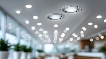 Modern office ceiling with recessed LED lights and clean bright atmosphere symbolizing innovation and productive workspace illumination, Generative AI