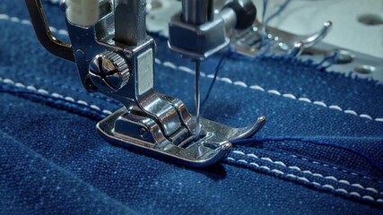 sewing machine needle stitching dark blue fabric, detailed close-up view | fashion, textiles, craft, manufacturing, design theme