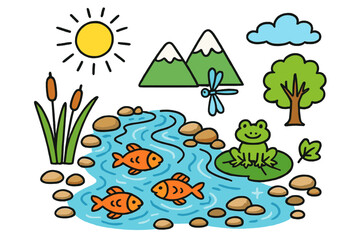 Naklejka premium Colorful River Scene. Clear river. Colorful Hand-drawn doodle Children illustration Clear river flowing water, smooth stones, fish, reeds, dragonfly, sunlight