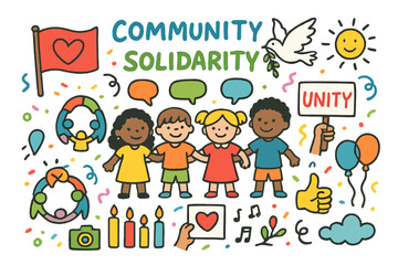 Fototapeta premium Community Solidarity Icons. Community solidarity. Colorful Hand-drawn doodle Children illustration Community solidarity linked arms, heart flag, unity circle,