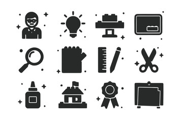 Naklejka premium LEGO Creativity Icons. LEGO Creativity Workshop. Solid icons set of LEGO Creativity Workshop: instructor figure, lightbulb icon, build table, tray of bricks,