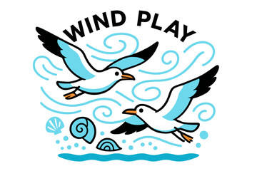 Fototapeta premium Seagulls' Ocean Ballet. Seagulls ? Ocean breeze chase. Two gulls glide through swirling air ribbons; abstract shells and foam dots hover beneath. Tag ?WIND