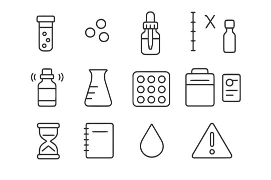 Homeopathy Icons Set. Homeopathy. Line icon set of homeopathy: small vial, pellets, dropper bottle, dilution scale, succussion bottle, glass beaker, remedy