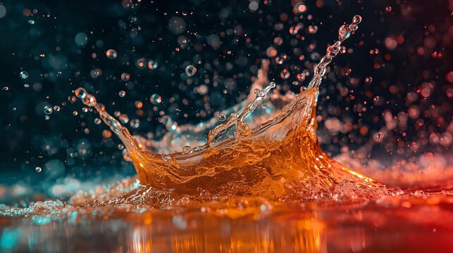 A stunning macro photograph of a golden liquid creating an elegant crown-shaped splash against a colorful background. - Powered by Adobe