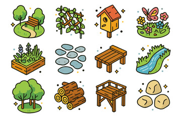 Biophilic Icon Collection. Biophilic urban design. Colorful isometric vector icons set of Biophilic urban design: pocket park, climbing plants trellis, bird