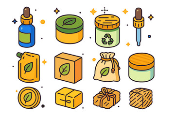 Eco Skincare Icons. Eco skincare packaging. Colorful isometric vector icons set of eco skincare packaging: glass bottle, paper label, wooden cap, metal tin,