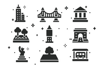 Naklejka premium LEGO Urban Icons. Miniature LEGO Architecture. Solid icons set of Miniature LEGO Architecture: skyscraper, bridge, museum, park, clock tower, road, statue,