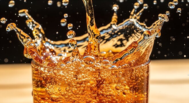 A stunning macro photograph of a golden liquid creating an elegant crown-shaped splash against a colorful background.