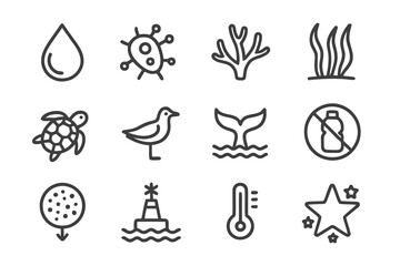 Fototapeta premium Ocean Health Icons. Ocean Health. Line icon set of Ocean Health: clean water droplet, plankton icon, coral branch, seagrass bed, sea turtle, seabird, whale