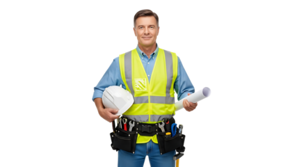Experienced construction worker holding blueprint and hard hat isolated on black background signifying industry expertise and project planning