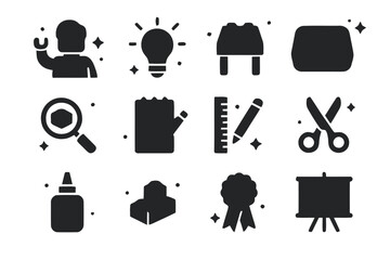 Naklejka premium LEGO Creativity Icons. LEGO Creativity Workshop. Solid icons set of LEGO Creativity Workshop: instructor figure, lightbulb icon, build table, tray of bricks,