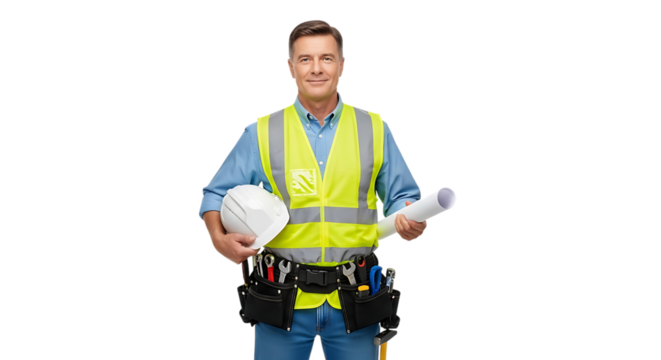 Experienced construction worker holding blueprint and hard hat isolated on black background signifying industry expertise and project planning