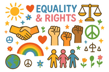 Fototapeta premium Colorful Equality Symbols. Equality and rights. Colorful Hand-drawn doodle Children illustration Equality and rights justice scales, heart, rainbow, handshake,