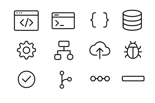 Software Development Icons. Software Development. Line icon set of Software Development: code editor, terminal window, brackets, database icon, gear,