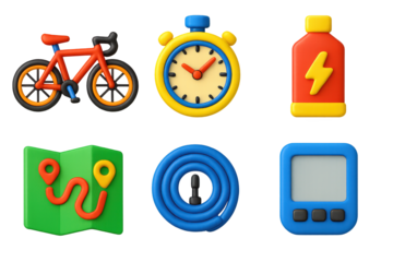 3D Cycling Icons. 3D icon set of road cycling: racing bike, stopwatch, energy gel, route map, spare tube, bike computer. A set of