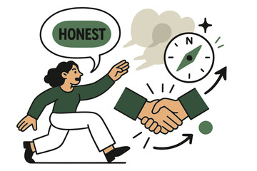 Naklejka premium Guiding Ethical Honesty. Ethical truth-telling. A character offers a speech bubble with a visible core labeled ?Honest?; shadow speech bubbles fade behind. A