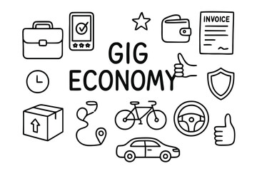 Gig Economy Doodles. Gig economy. Hand-drawn doodle illustration gig economy briefcase, mobile app, star rating, wallet, invoice, contract, delivery box,