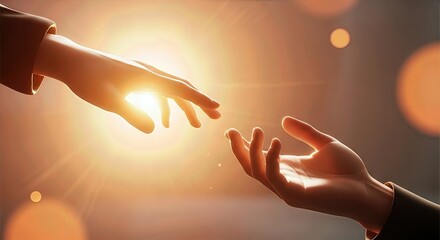 Two hands extending in radiant golden light, reaching for a profound connection. One hand acts as a Donor, giving aid and spiritual grace, the other hand open, receiving solace and warmth.