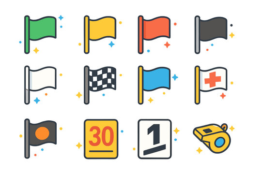 Race Flag Icons. Race flags and signals. Colorful isometric vector icons set of Race flags and signals: green flag, yellow flag, red flag, black flag, white