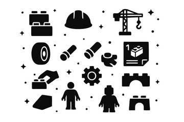 Naklejka premium LEGO Icon Set. LEGO Construction Play. Solid icons set of LEGO Construction Play: stacked bricks, builder hat, crane arm, wheel, connector peg, instruction