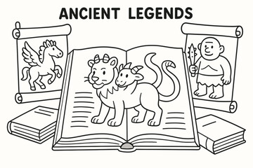 Obraz premium Mythical Creatures Coloring Book. Ancient legends learning page children?s coloring book illustration, outlined drawing, scrolls and books open to pictures of