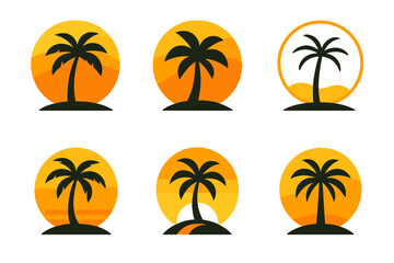 Obraz premium Tropical Sunset Logos. Tropical sunset palm. Set Logo of Tropical sunset palm: palm silhouette before sun disk. harmonious logo variations of the