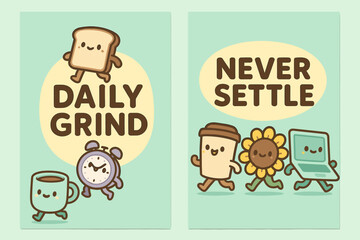 Fototapeta premium Kawaii Daily Motivation. Daily grind. Two vertical A6 banners with safe margins, centered composition, no elements touching edges, kawaii, pastel mint and