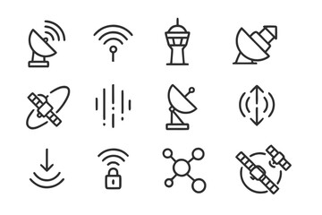 Fototapeta premium Space Communication Icons. Space communication. Line icon set of space communication: radio antenna, signal wave, control tower, ground station,