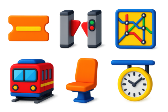 Modern Subway Icons. 3D icon set of subway travel: ticket, turnstile gate, subway map, train carriage, passenger seat, arrival