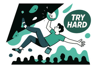 Fototapeta premium Dynamic Climbing Challenge. Bouldering Overhang Problem. Heels hook, core tight, the climber swings to a crescent-shaped pinch; ?TRY HARD? floats beside chalk