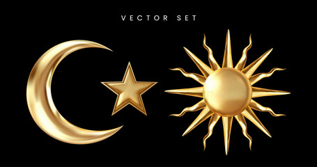 Realistic golden sun, crescent moon and star vector set.  © akın demirci