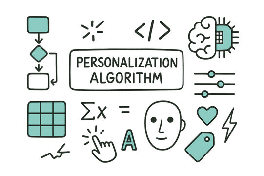 Personalization Algorithm Doodle. // Personalization algorithm. Hand-drawn doodle illustration Personalization algorithm [flowchart (accented), code brackets