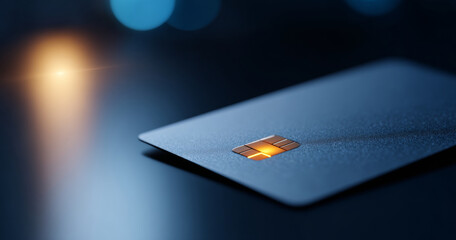 A blue credit card with a chip is sitting on top of a dark surface, and it has an orange light shining through the chip