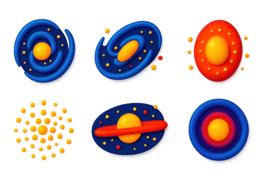 Vibrant Galaxy Icons. 3D icon set of galaxy structures: spiral galaxy, barred galaxy, elliptical galaxy, star cluster, dust lane,