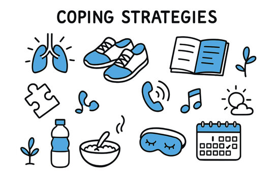 Illustrated Coping Strategies. // Coping strategies. Hand-drawn doodle illustration Coping strategies [breathing icon (accented), walking shoes (accented),