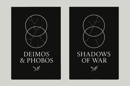 Deimos & Phobos Banners. Twin of Phobos. Two vertical A6 banners with safe margins, centered composition, no elements touching edges, minimal, black and