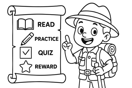 Quest-Based Coloring Fun. Quest-based learning path children?s coloring book illustration, outlined drawing, a scroll with simple icons for read, practice,