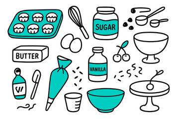 Dessert Baking Essentials. // Dessert baking. Hand-drawn doodle illustration Dessert baking [cupcake tray (accented), whisk, sugar jar (accented), butter