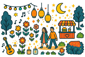 Fototapeta premium Magical Evening Garden. Evening garden lights. Colorful Hand-drawn doodle Children illustration Evening garden lights fairy lights, lanterns, flowers glowing,