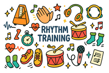 Colorful Rhythm Training Icons. Rhythm training. Colorful Hand-drawn doodle Children illustration Rhythm training metronome, drum, tambourine, shoes, musical