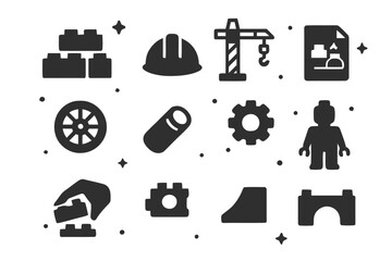 Naklejka premium LEGO Icon Set. LEGO Construction Play. Solid icons set of LEGO Construction Play: stacked bricks, builder hat, crane arm, wheel, connector peg, instruction