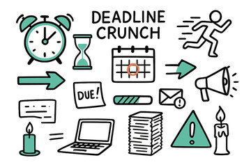 Obraz premium Deadline Pressure Icons. // Deadline crunch. Hand-drawn doodle illustration Deadline crunch [alarm clock (accented), hourglass (accented), calendar with red