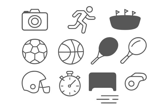 Sports Icon Set. Sports event capture. Line icon set of sports event capture: camera, athlete running, stadium, soccer ball, basketball, tennis racket,